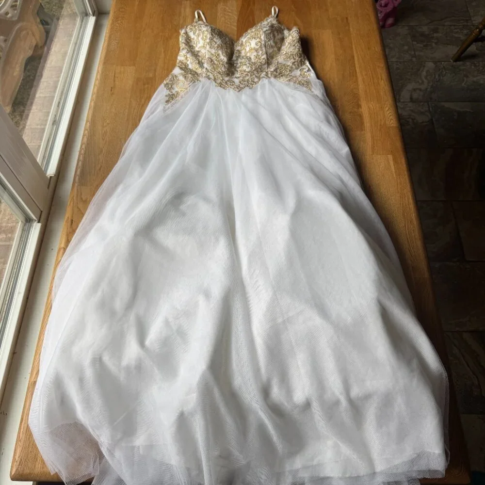 Say Yes to the Prom Dress White Gold Embellished Dress Size 17 NWT